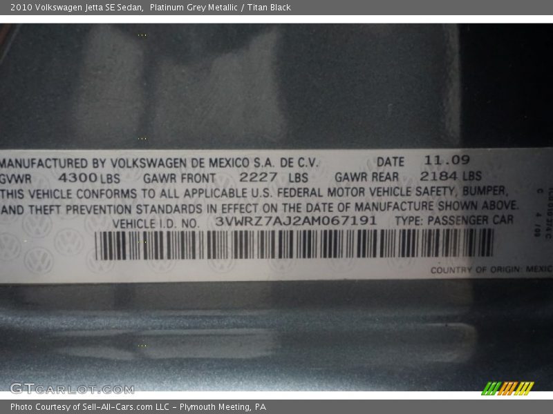 Platinum Grey Metallic / Titan Black 2010 Volkswagen Jetta SE Sedan