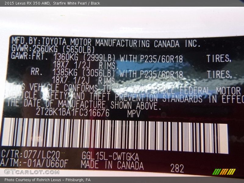 Starfire White Pearl / Black 2015 Lexus RX 350 AWD