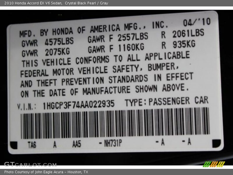 Crystal Black Pearl / Gray 2010 Honda Accord EX V6 Sedan