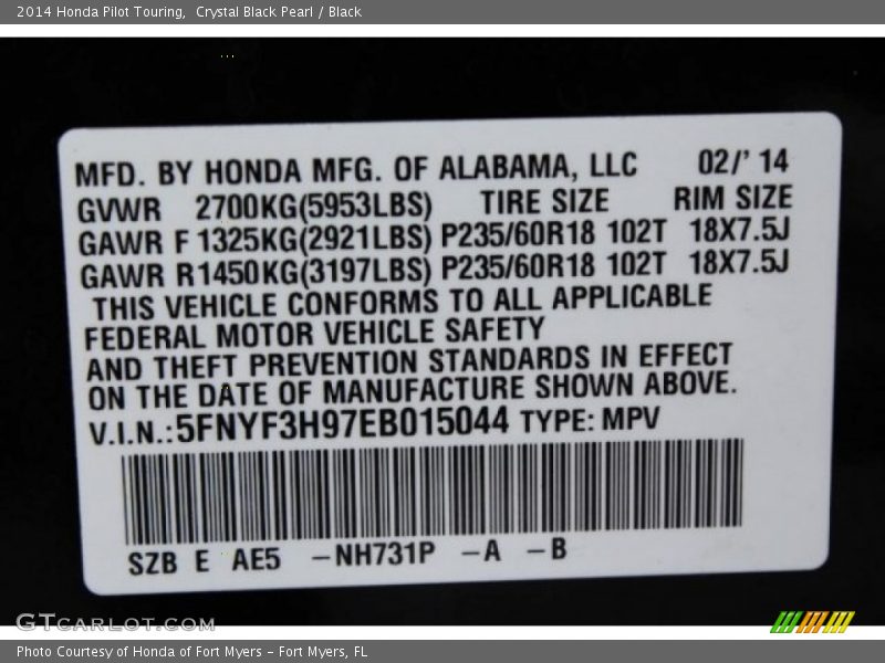 Crystal Black Pearl / Black 2014 Honda Pilot Touring