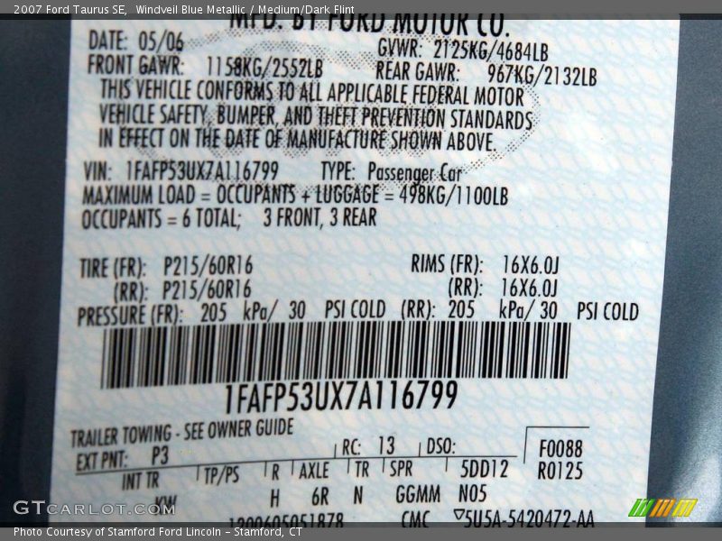 Windveil Blue Metallic / Medium/Dark Flint 2007 Ford Taurus SE