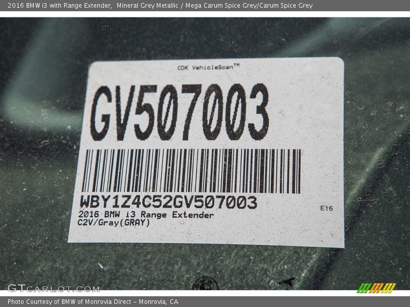 Mineral Grey Metallic / Mega Carum Spice Grey/Carum Spice Grey 2016 BMW i3 with Range Extender