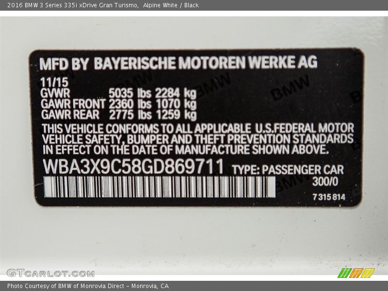 Alpine White / Black 2016 BMW 3 Series 335i xDrive Gran Turismo
