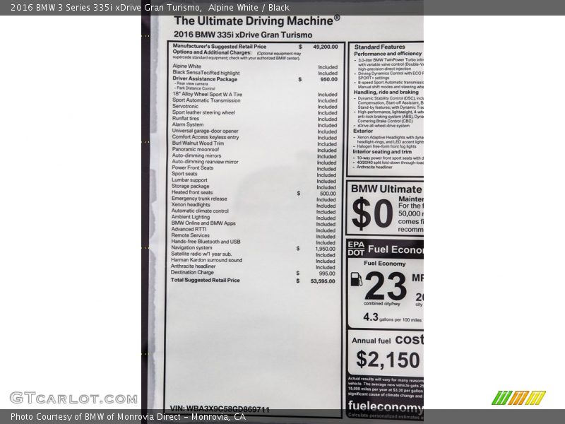 Alpine White / Black 2016 BMW 3 Series 335i xDrive Gran Turismo