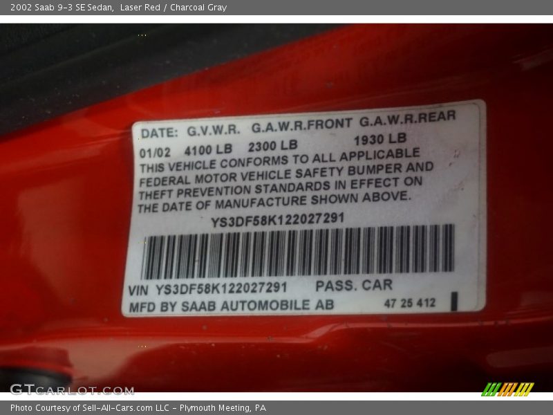 Laser Red / Charcoal Gray 2002 Saab 9-3 SE Sedan