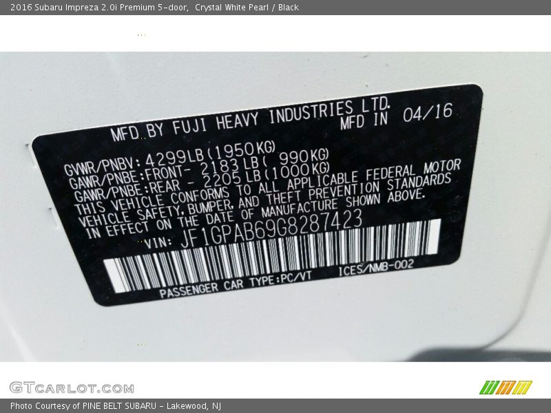 Crystal White Pearl / Black 2016 Subaru Impreza 2.0i Premium 5-door