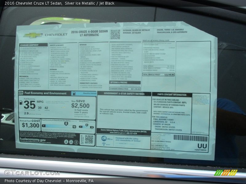 Silver Ice Metallic / Jet Black 2016 Chevrolet Cruze LT Sedan