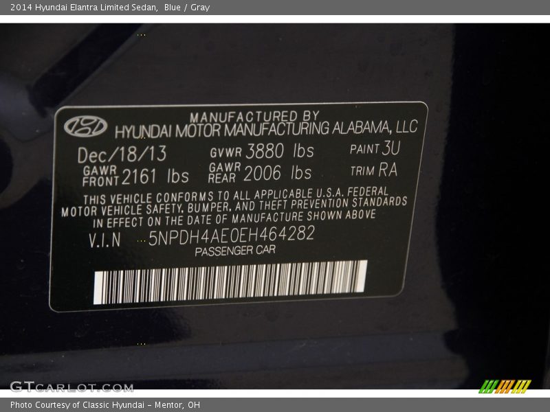 Blue / Gray 2014 Hyundai Elantra Limited Sedan