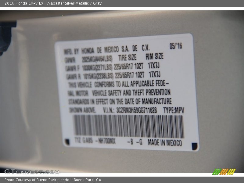 Alabaster Silver Metallic / Gray 2016 Honda CR-V EX