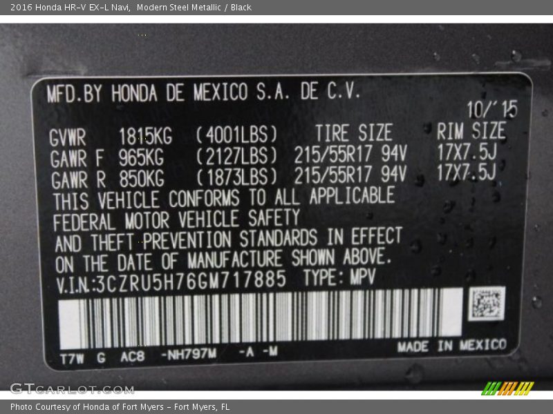 Modern Steel Metallic / Black 2016 Honda HR-V EX-L Navi