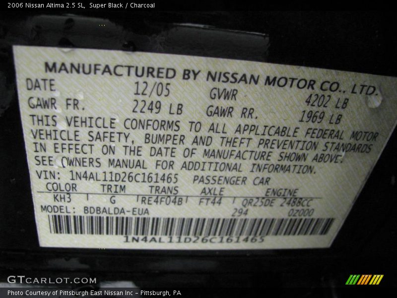 Super Black / Charcoal 2006 Nissan Altima 2.5 SL