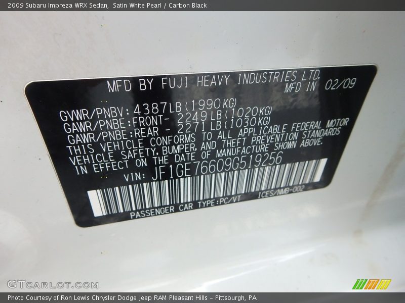 Satin White Pearl / Carbon Black 2009 Subaru Impreza WRX Sedan