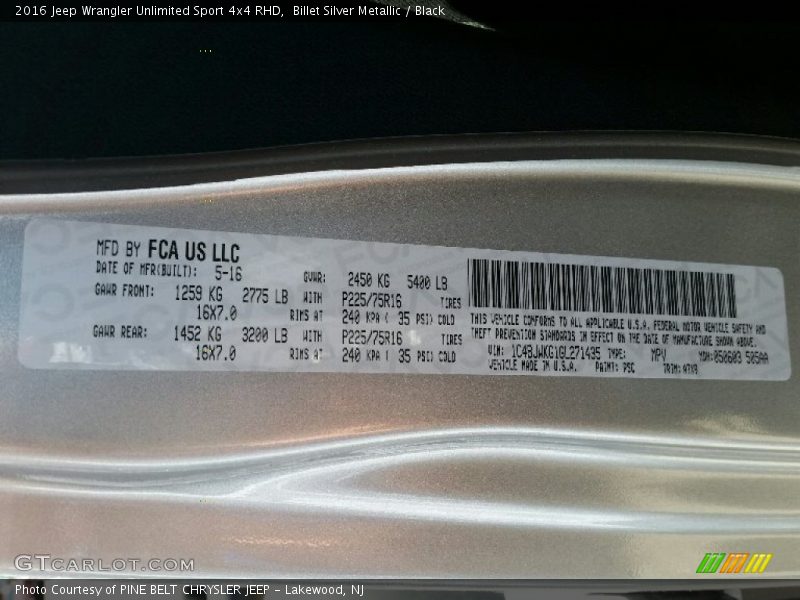 Billet Silver Metallic / Black 2016 Jeep Wrangler Unlimited Sport 4x4 RHD