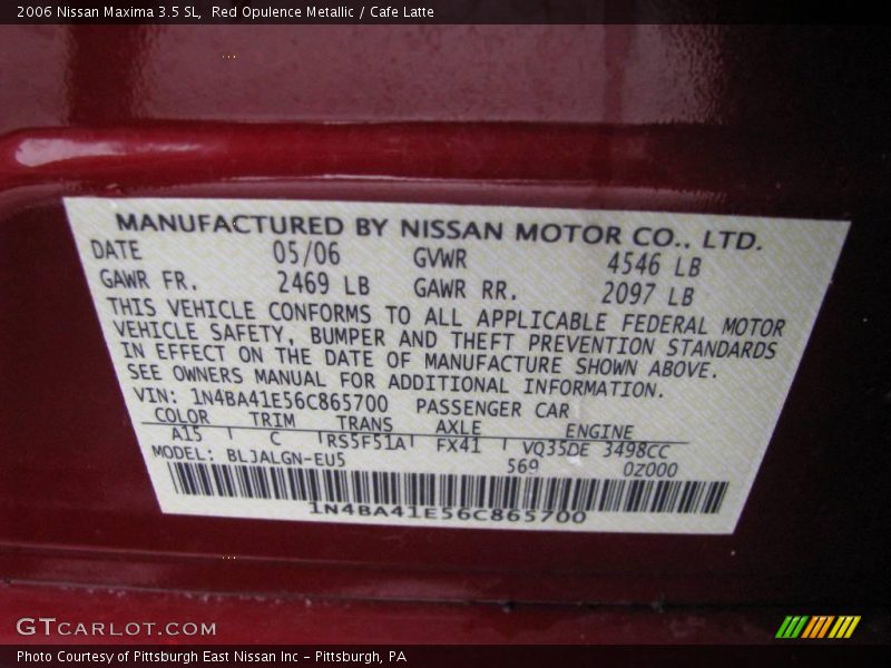 Red Opulence Metallic / Cafe Latte 2006 Nissan Maxima 3.5 SL