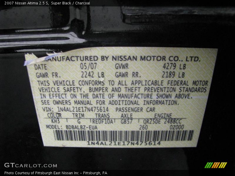 Super Black / Charcoal 2007 Nissan Altima 2.5 S