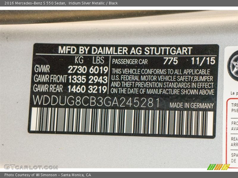 Iridium Silver Metallic / Black 2016 Mercedes-Benz S 550 Sedan