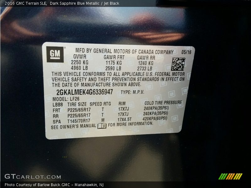 Dark Sapphire Blue Metallic / Jet Black 2016 GMC Terrain SLE