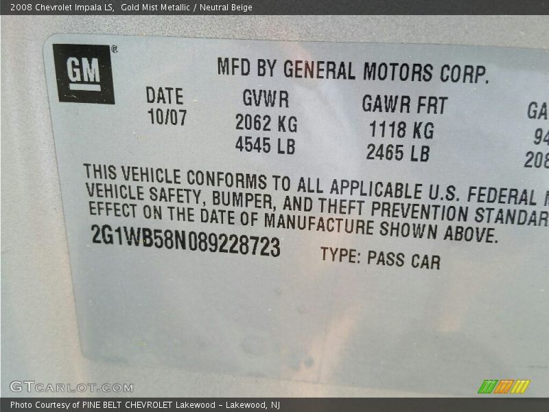 Gold Mist Metallic / Neutral Beige 2008 Chevrolet Impala LS