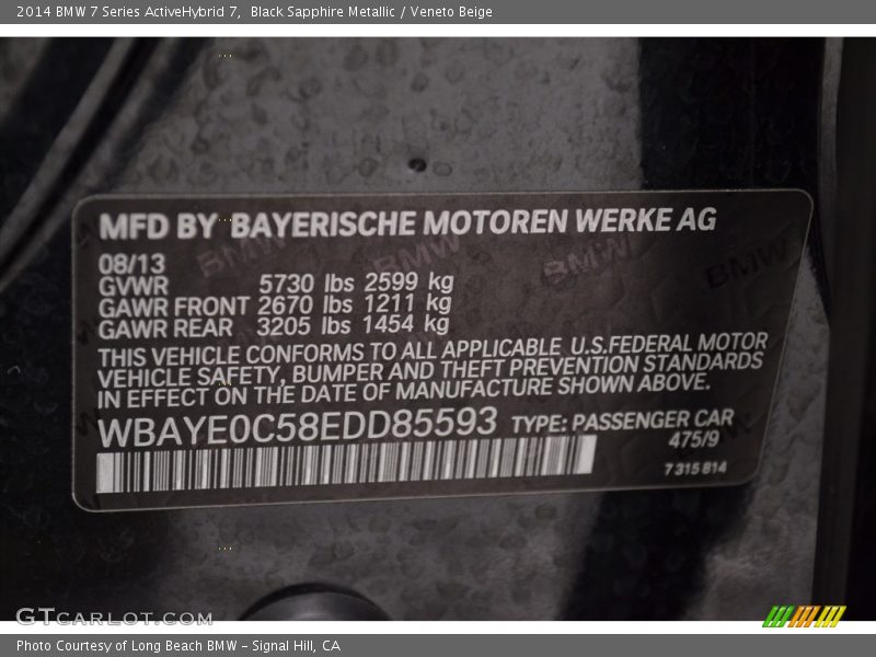 Black Sapphire Metallic / Veneto Beige 2014 BMW 7 Series ActiveHybrid 7