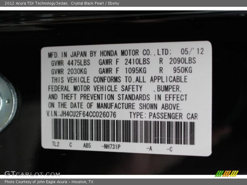 Crystal Black Pearl / Ebony 2012 Acura TSX Technology Sedan