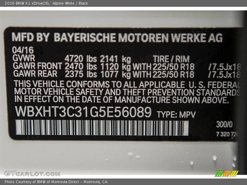 Alpine White / Black 2016 BMW X1 xDrive28i