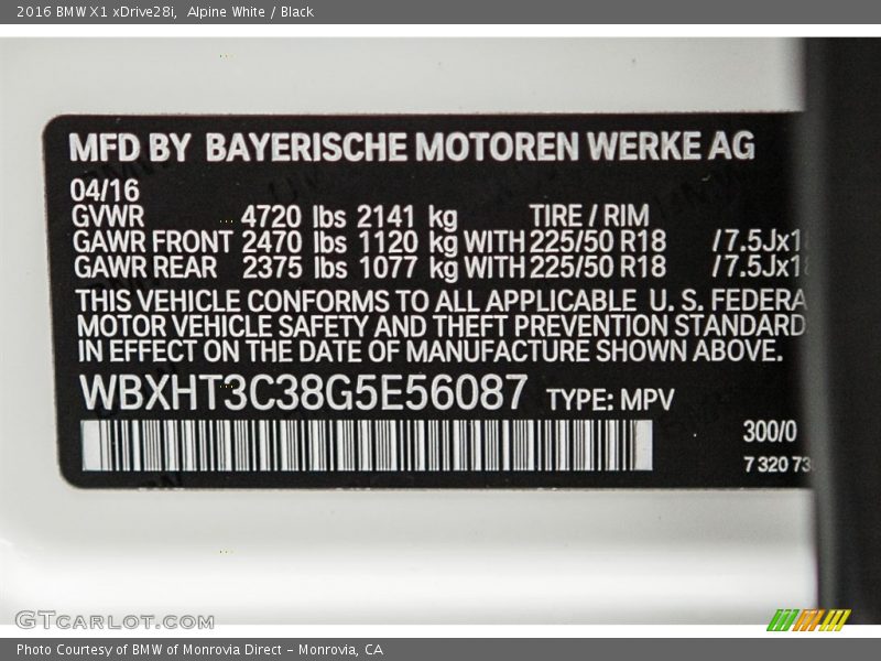 Alpine White / Black 2016 BMW X1 xDrive28i