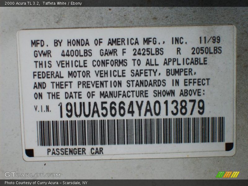 Taffeta White / Ebony 2000 Acura TL 3.2