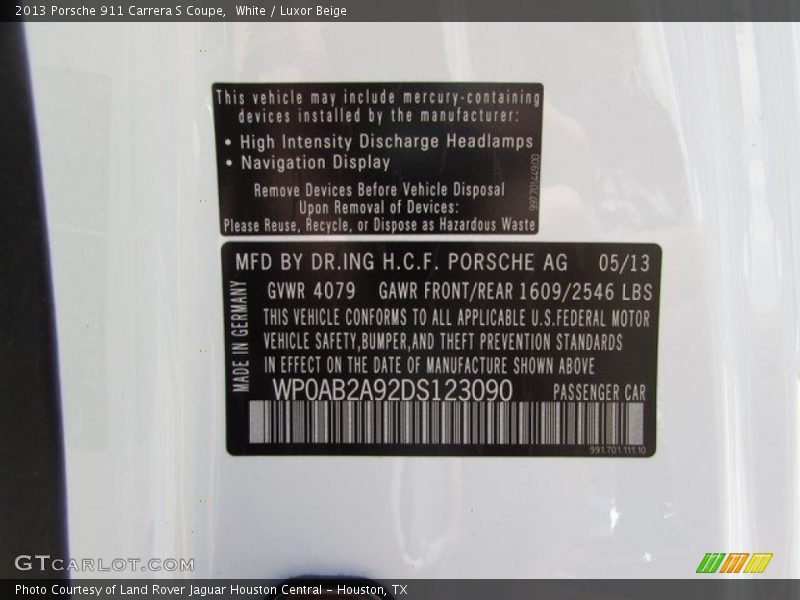 White / Luxor Beige 2013 Porsche 911 Carrera S Coupe