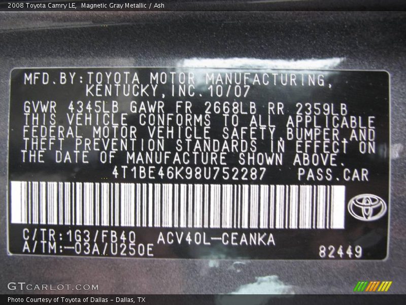 Magnetic Gray Metallic / Ash 2008 Toyota Camry LE