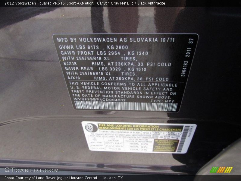 Canyon Gray Metallic / Black Anthracite 2012 Volkswagen Touareg VR6 FSI Sport 4XMotion