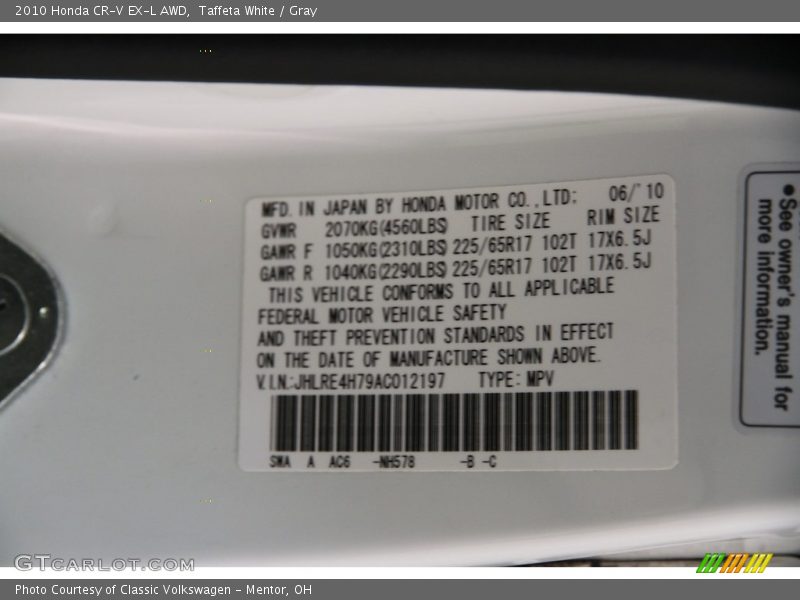 Taffeta White / Gray 2010 Honda CR-V EX-L AWD