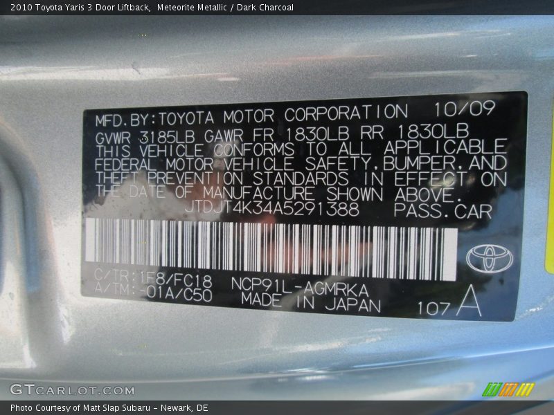 Meteorite Metallic / Dark Charcoal 2010 Toyota Yaris 3 Door Liftback