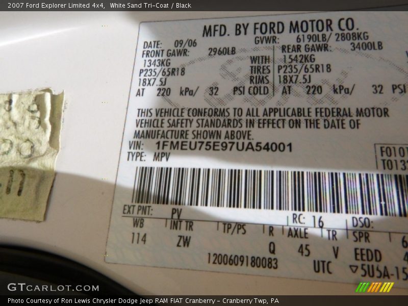 White Sand Tri-Coat / Black 2007 Ford Explorer Limited 4x4