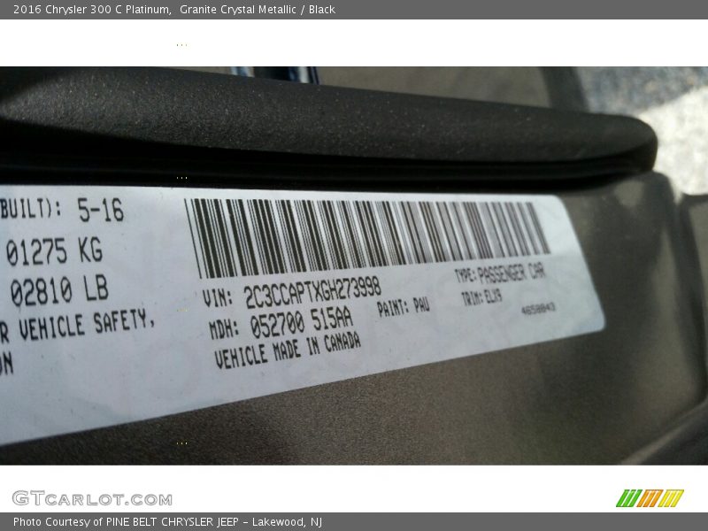Granite Crystal Metallic / Black 2016 Chrysler 300 C Platinum