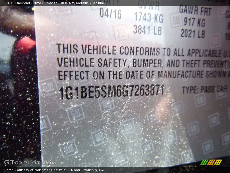 Blue Ray Metallic / Jet Black 2016 Chevrolet Cruze LT Sedan