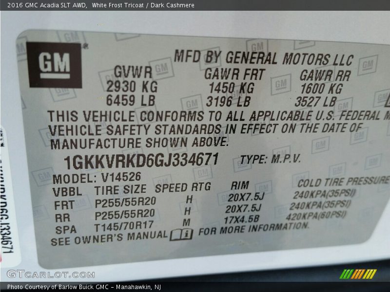 White Frost Tricoat / Dark Cashmere 2016 GMC Acadia SLT AWD