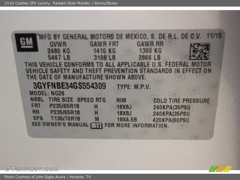 Radiant Silver Metallic / Ebony/Ebony 2016 Cadillac SRX Luxury