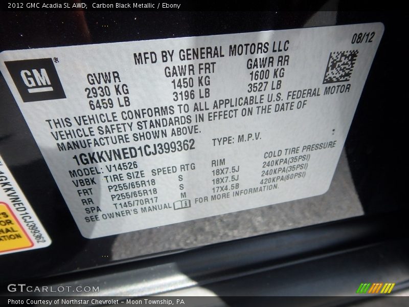 Carbon Black Metallic / Ebony 2012 GMC Acadia SL AWD