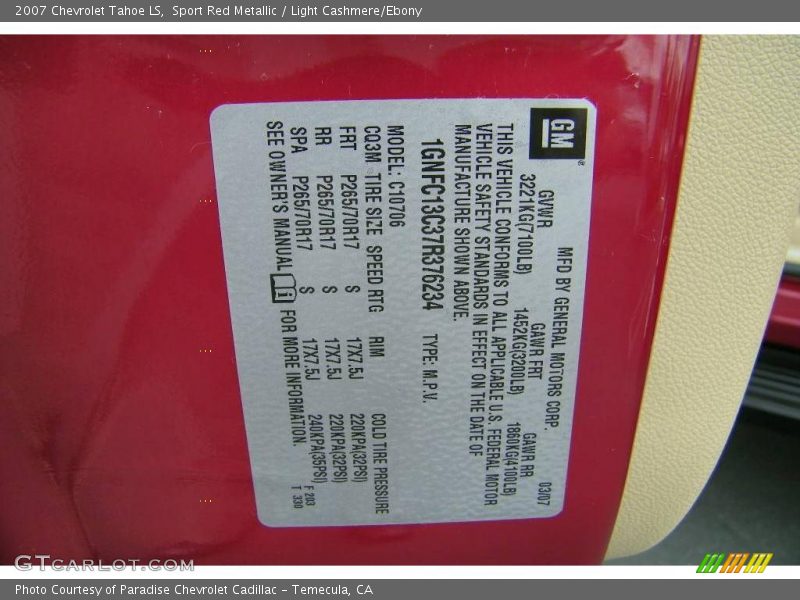 Sport Red Metallic / Light Cashmere/Ebony 2007 Chevrolet Tahoe LS