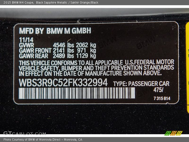 Black Sapphire Metallic / Sakhir Orange/Black 2015 BMW M4 Coupe