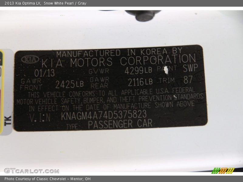 Snow White Pearl / Gray 2013 Kia Optima LX