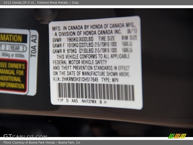Polished Metal Metallic / Gray 2013 Honda CR-V LX