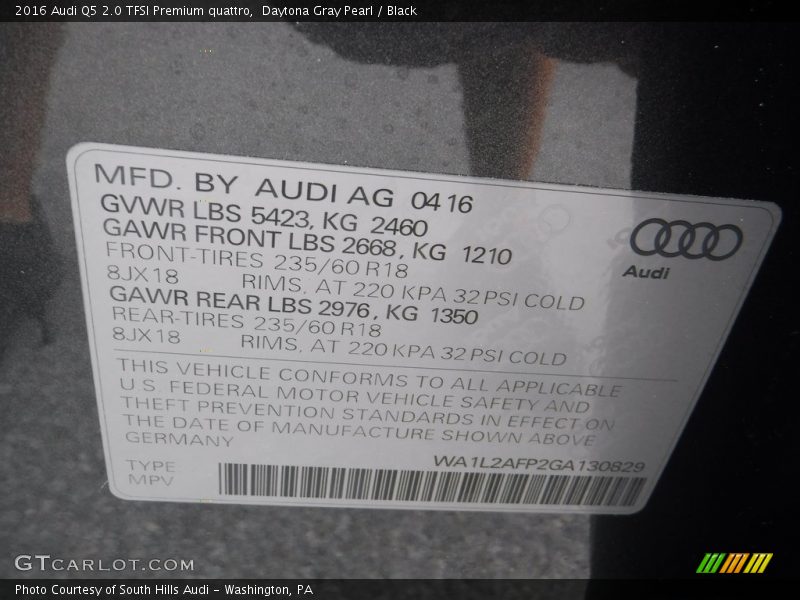 Daytona Gray Pearl / Black 2016 Audi Q5 2.0 TFSI Premium quattro
