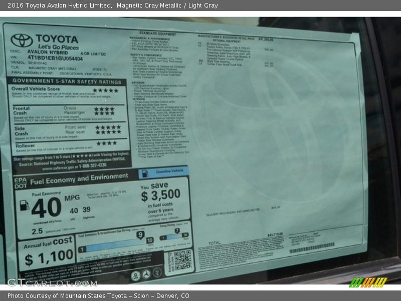  2016 Avalon Hybrid Limited Window Sticker
