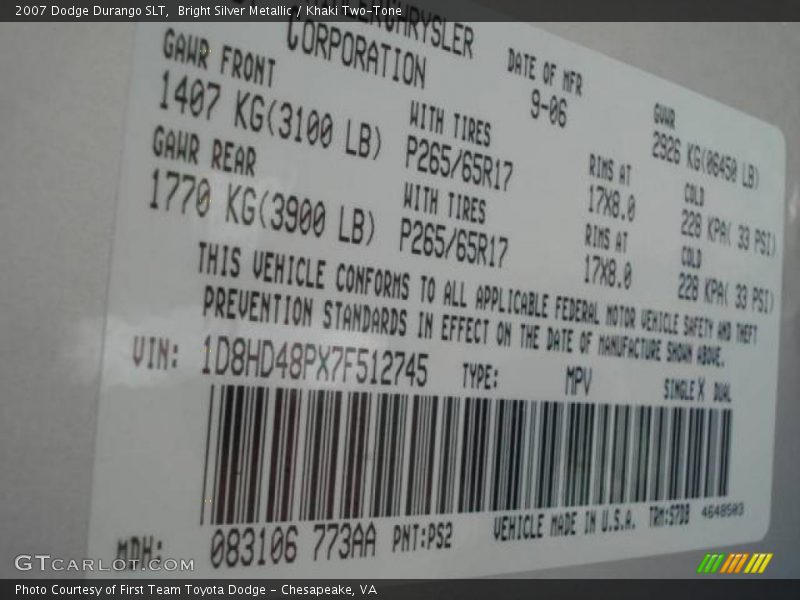 Bright Silver Metallic / Khaki Two-Tone 2007 Dodge Durango SLT