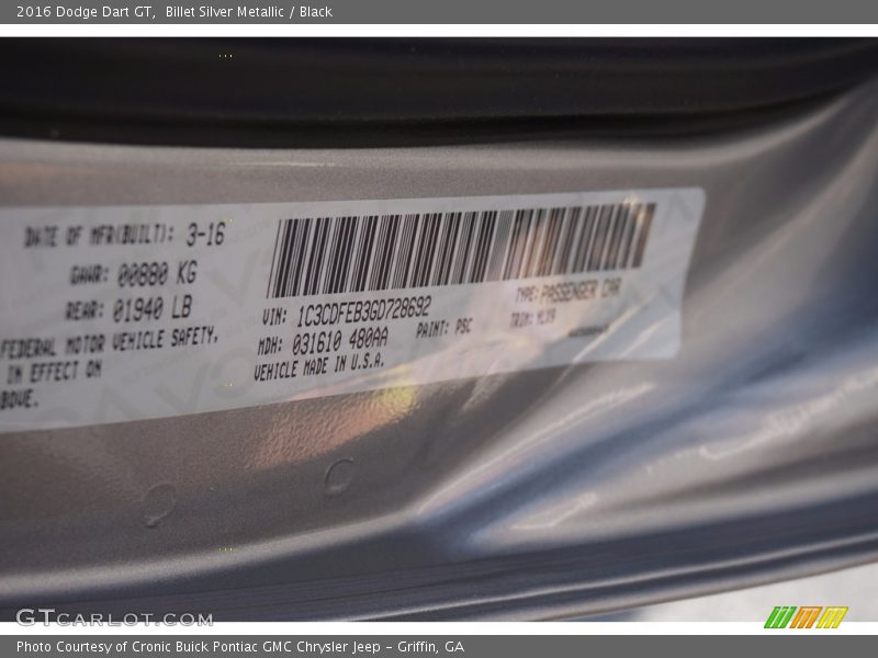 Billet Silver Metallic / Black 2016 Dodge Dart GT