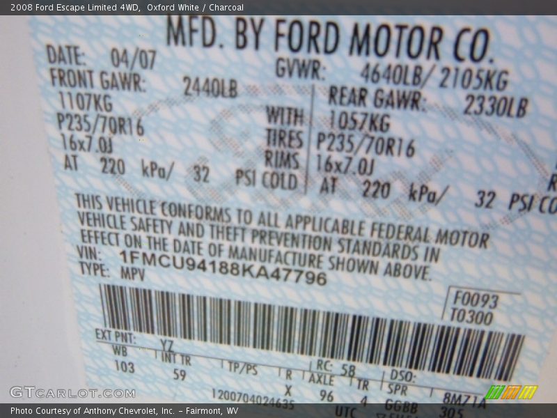 Oxford White / Charcoal 2008 Ford Escape Limited 4WD