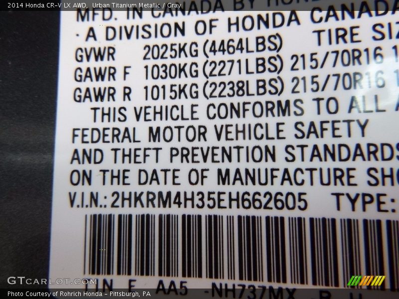 Urban Titanium Metallic / Gray 2014 Honda CR-V LX AWD