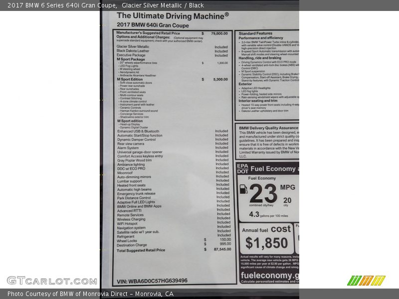  2017 6 Series 640i Gran Coupe Window Sticker