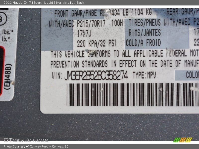 Liquid Silver Metallic / Black 2011 Mazda CX-7 i Sport